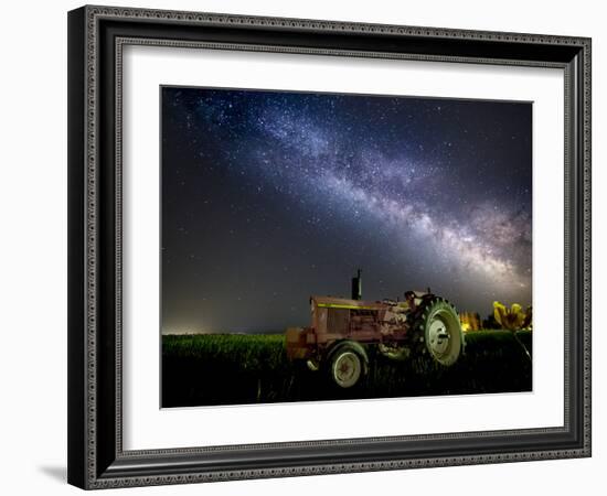 A Pink Tractor (With a Breast-Cancer Awareness Ribbon) Sits Beneath the Milky Way in a Tulip Field-Ben Coffman-Framed Photographic Print