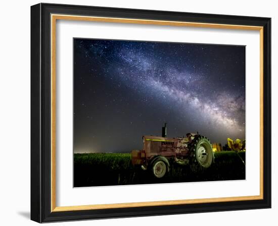 A Pink Tractor (With a Breast-Cancer Awareness Ribbon) Sits Beneath the Milky Way in a Tulip Field-Ben Coffman-Framed Photographic Print