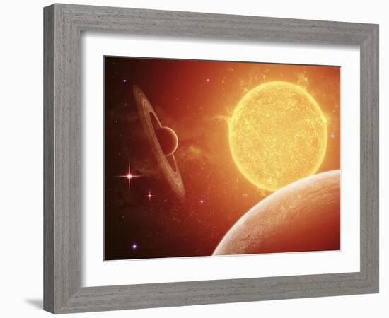 A Planet and its Moon Resisting the Relentless Heat of the Giant Orange Sun Pollux-Stocktrek Images-Framed Photographic Print