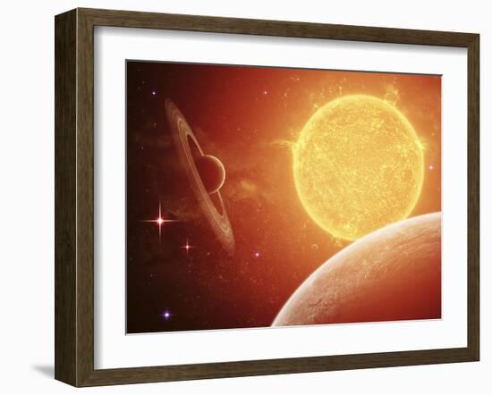 A Planet and its Moon Resisting the Relentless Heat of the Giant Orange Sun Pollux-Stocktrek Images-Framed Photographic Print