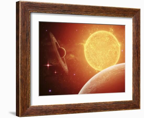 A Planet and its Moon Resisting the Relentless Heat of the Giant Orange Sun Pollux-Stocktrek Images-Framed Photographic Print