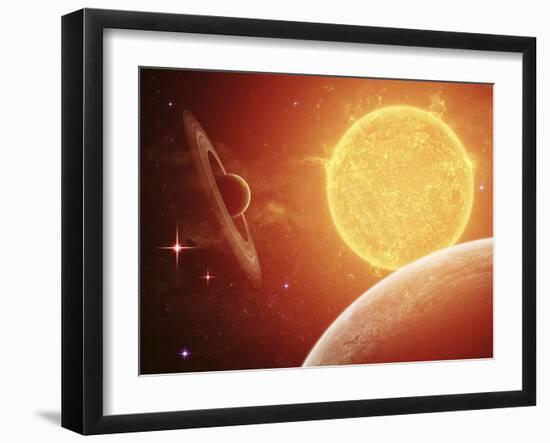 A Planet and its Moon Resisting the Relentless Heat of the Giant Orange Sun Pollux-Stocktrek Images-Framed Photographic Print