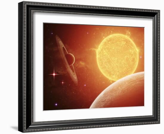 A Planet and its Moon Resisting the Relentless Heat of the Giant Orange Sun Pollux-Stocktrek Images-Framed Photographic Print