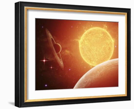 A Planet and its Moon Resisting the Relentless Heat of the Giant Orange Sun Pollux-Stocktrek Images-Framed Photographic Print