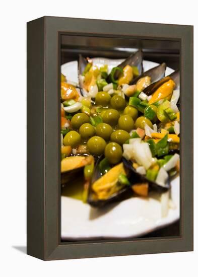 A Plate of Mussels and Olives at a Traditional Tapas Bar in Madrid, Spain, Europe-Martin Child-Framed Premier Image Canvas