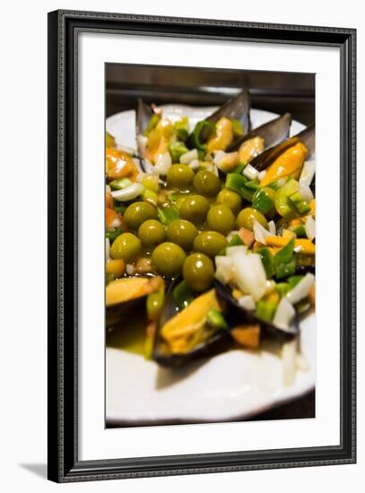 A Plate of Mussels and Olives at a Traditional Tapas Bar in Madrid, Spain, Europe-Martin Child-Framed Photographic Print