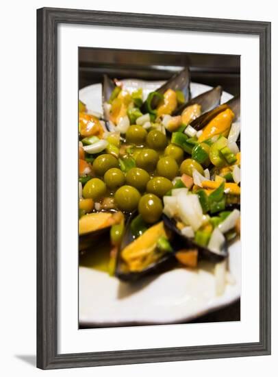 A Plate of Mussels and Olives at a Traditional Tapas Bar in Madrid, Spain, Europe-Martin Child-Framed Photographic Print