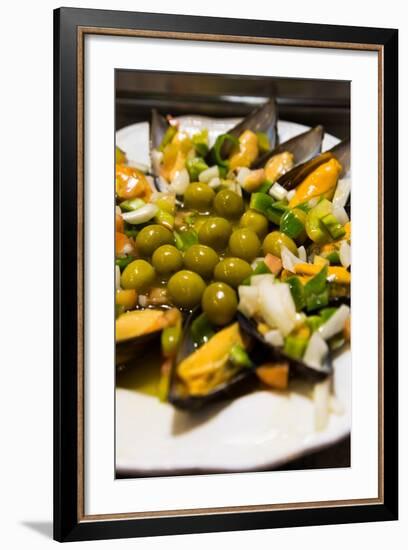 A Plate of Mussels and Olives at a Traditional Tapas Bar in Madrid, Spain, Europe-Martin Child-Framed Photographic Print