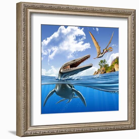 A Plesiopleurodon Jumps Out of the Water, Attacking an Ornithocheirus-null-Framed Art Print