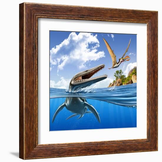 A Plesiopleurodon Jumps Out of the Water, Attacking an Ornithocheirus-null-Framed Art Print