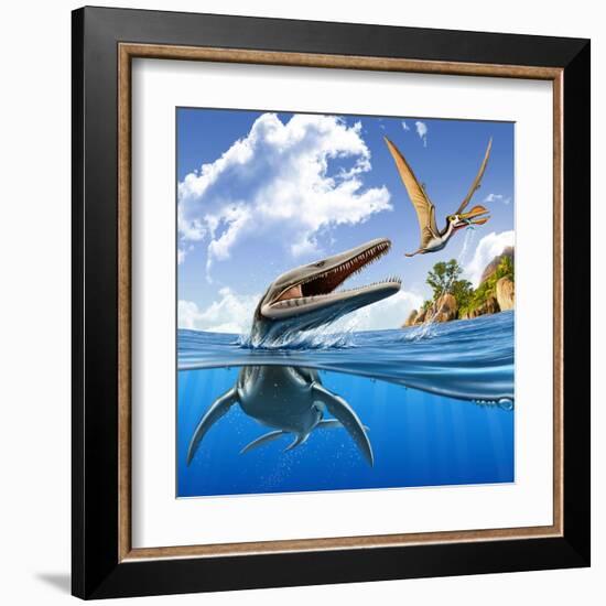 A Plesiopleurodon Jumps Out of the Water, Attacking an Ornithocheirus-null-Framed Art Print