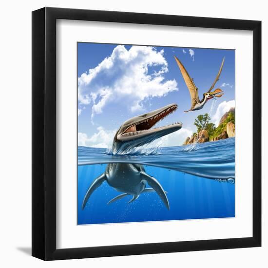 A Plesiopleurodon Jumps Out of the Water, Attacking an Ornithocheirus-null-Framed Art Print