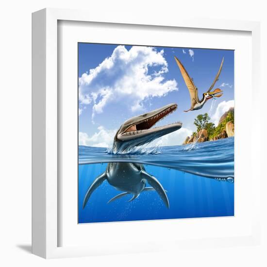 A Plesiopleurodon Jumps Out of the Water, Attacking an Ornithocheirus-null-Framed Art Print