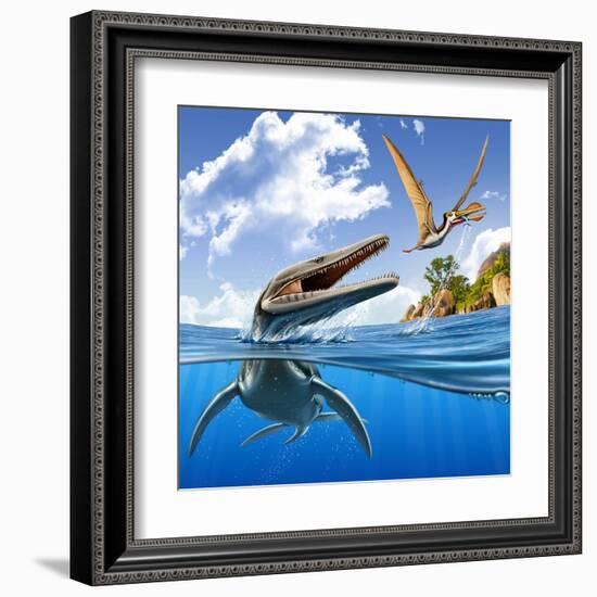 A Plesiopleurodon Jumps Out of the Water, Attacking an Ornithocheirus-null-Framed Art Print