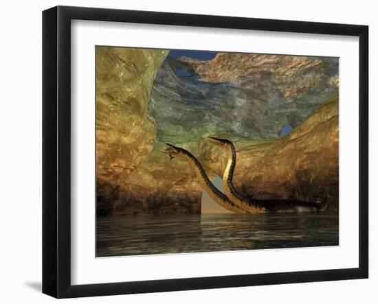 A Plesiosaurus Captures a Eurhinosaurus Marine Reptile in a Sea Cave-null-Framed Art Print