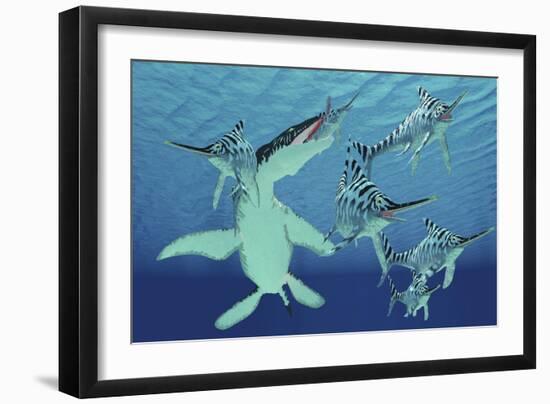 A Pod of Eurhinosaurus Marine Reptiles Try to Evade the Much Larger Liopleurodon-Stocktrek Images-Framed Art Print