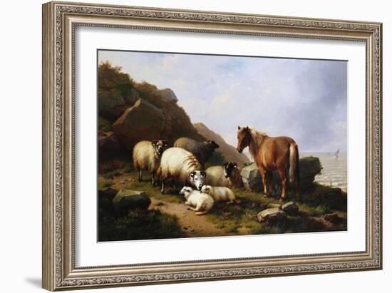 A Pony and Sheep on a Cliff with a Sailing Vessel Beyond, 1868-Alfred Thompson Bricher-Framed Giclee Print