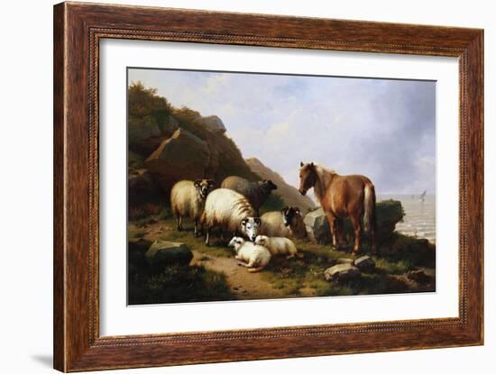 A Pony and Sheep on a Cliff with a Sailing Vessel Beyond, 1868-Alfred Thompson Bricher-Framed Giclee Print