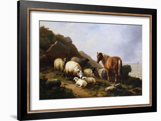 A Pony and Sheep on a Cliff with a Sailing Vessel Beyond, 1868-Alfred Thompson Bricher-Framed Giclee Print