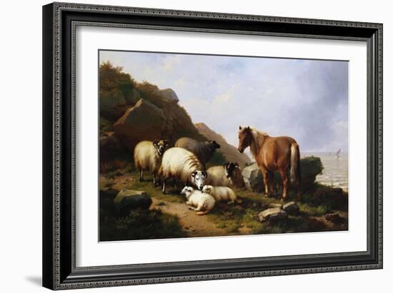 A Pony and Sheep on a Cliff with a Sailing Vessel Beyond, 1868-Alfred Thompson Bricher-Framed Giclee Print