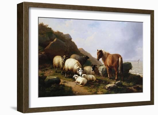 A Pony and Sheep on a Cliff with a Sailing Vessel Beyond, 1868-Eugene Joseph Verboeckhoven-Framed Giclee Print