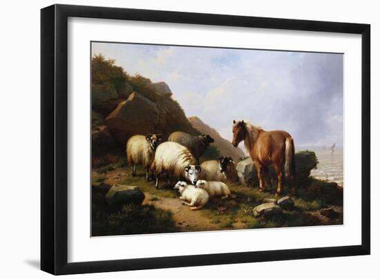 A Pony and Sheep on a Cliff with a Sailing Vessel Beyond, 1868-Eugene Joseph Verboeckhoven-Framed Giclee Print