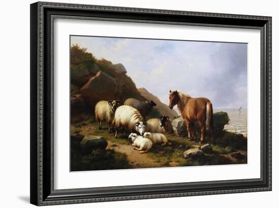 A Pony and Sheep on a Cliff with a Sailing Vessel Beyond, 1868-Eugene Joseph Verboeckhoven-Framed Giclee Print