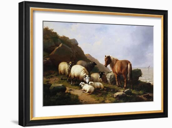 A Pony and Sheep on a Cliff with a Sailing Vessel Beyond, 1868-Eugene Joseph Verboeckhoven-Framed Giclee Print