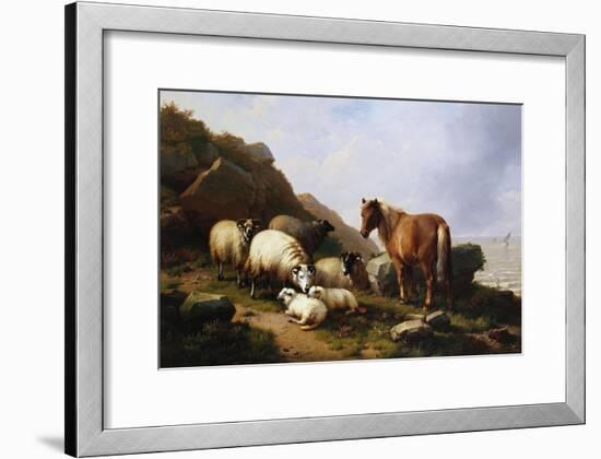 A Pony and Sheep on a Cliff with a Sailing Vessel Beyond, 1868-Alfred Thompson Bricher-Framed Giclee Print