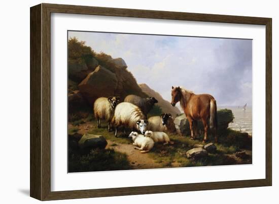 A Pony and Sheep on a Cliff with a Sailing Vessel Beyond, 1868-Alfred Thompson Bricher-Framed Giclee Print