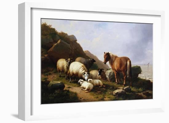 A Pony and Sheep on a Cliff with a Sailing Vessel Beyond, 1868-Alfred Thompson Bricher-Framed Giclee Print