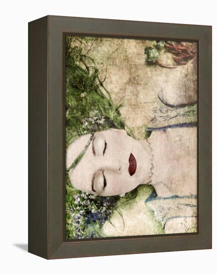 A Portrait of a Woman with Closed Eyes, Green Hair and Full Red Lips-Alaya Gadeh-Framed Premier Image Canvas