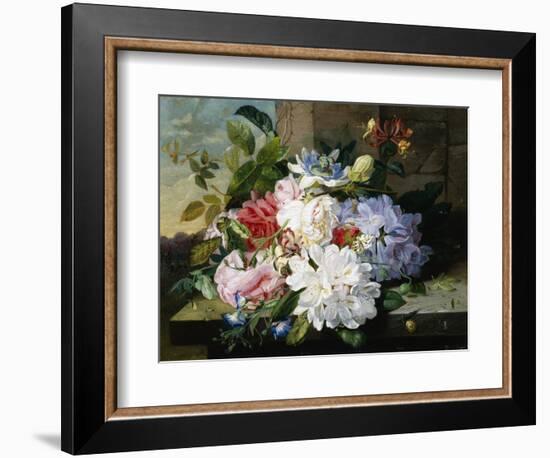 A Pretty Still Life of Roses, Rhododendron, and Passionflowers-John Wainwright-Framed Giclee Print