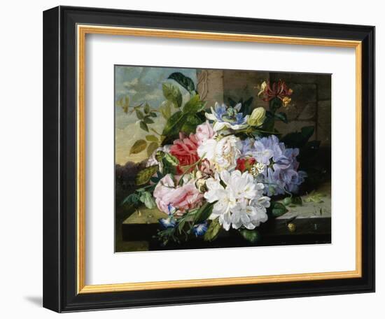 A Pretty Still Life of Roses, Rhododendron, and Passionflowers-John Wainwright-Framed Giclee Print