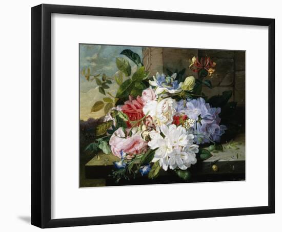 A Pretty Still Life of Roses, Rhododendron, and Passionflowers-John Wainwright-Framed Giclee Print