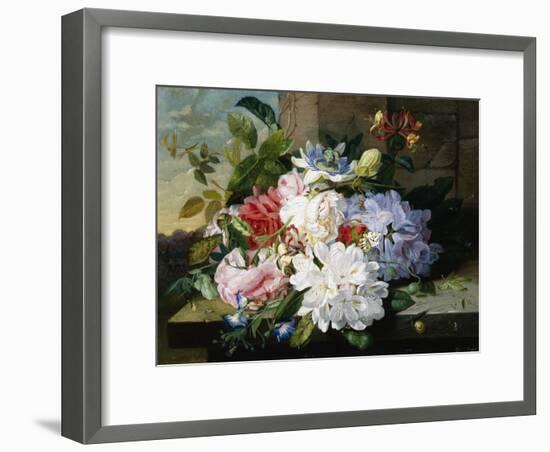 A Pretty Still Life of Roses, Rhododendron, and Passionflowers-John Wainwright-Framed Giclee Print