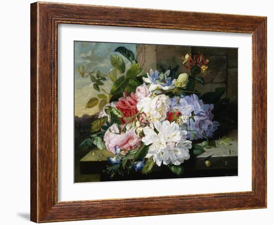 A Pretty Still Life of Roses, Rhododendron, and Passionflowers-John Wainwright-Framed Giclee Print