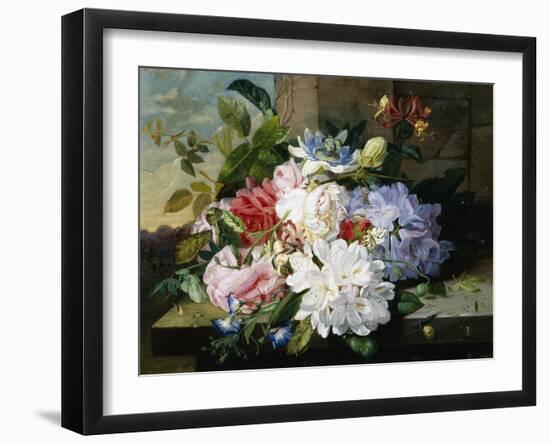 A Pretty Still Life of Roses, Rhododendron, and Passionflowers-John Wainwright-Framed Giclee Print