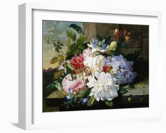 A Pretty Still Life of Roses, Rhododendron, and Passionflowers-John Wainwright-Framed Giclee Print