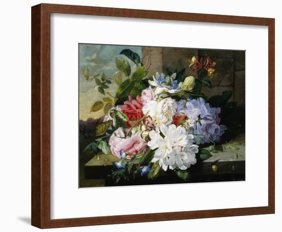 A Pretty Still Life of Roses, Rhododendron, and Passionflowers-John Wainwright-Framed Giclee Print