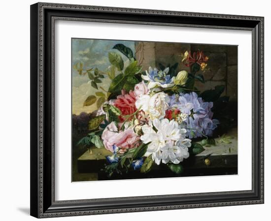 A Pretty Still Life of Roses, Rhododendron, and Passionflowers-John Wainwright-Framed Giclee Print