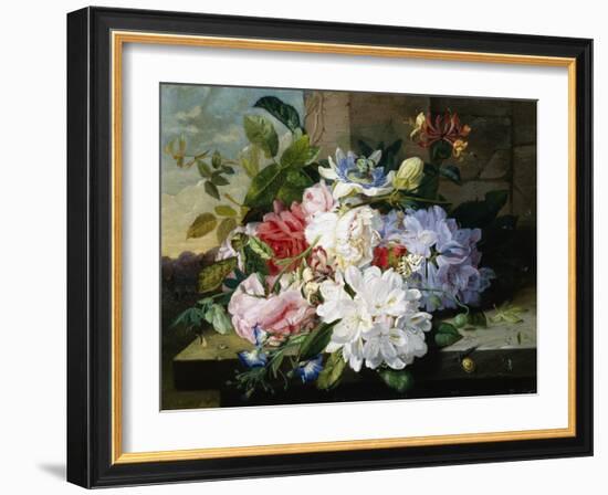 A Pretty Still Life of Roses, Rhododendron, and Passionflowers-John Wainwright-Framed Giclee Print