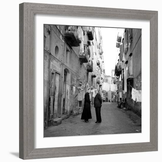 A Priest Chats to an Elderly Man in a Street, Naples, Italy 1957-null-Framed Photographic Print