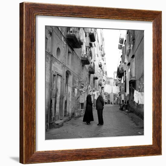 A Priest Chats to an Elderly Man in a Street, Naples, Italy 1957-null-Framed Photographic Print