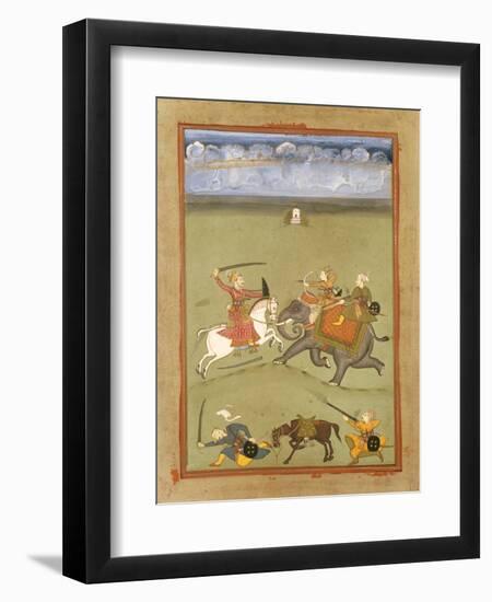 A Prince Fighting His Enemies on an Elephant, circa 1710-null-Framed Giclee Print