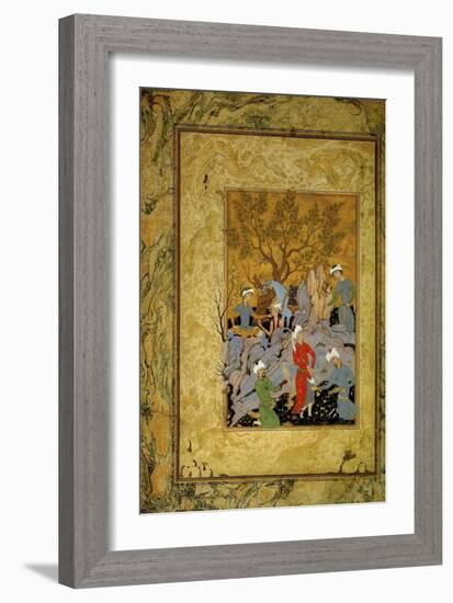 A Princely Hawking Party in the Mountains, C1575-Mirza Ali-Framed Premium Giclee Print