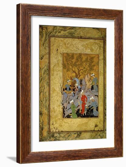 A Princely Hawking Party in the Mountains, C1575-Mirza Ali-Framed Premium Giclee Print