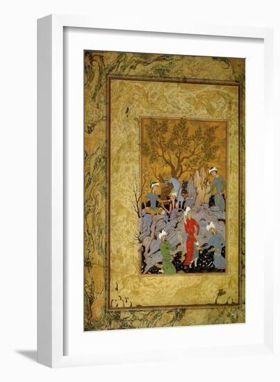 A Princely Hawking Party in the Mountains, C1575-Mirza Ali-Framed Premium Giclee Print