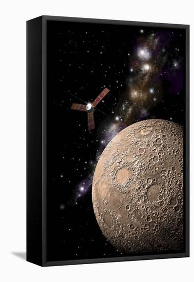 A Probe Investigating a Heavily Cratered Moon in Deep Space-null-Framed Stretched Canvas