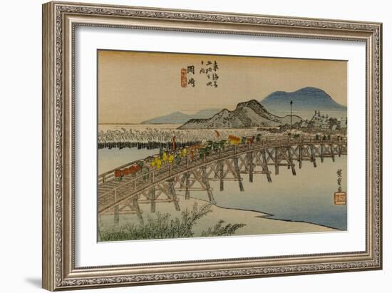 A Procession of a Daimyo Cross the Bridge over the Yahagi River in the Direction of Okazaki-Utagawa Hiroshige-Framed Art Print